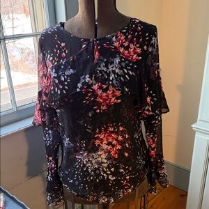 White House Black Market Black Floral Ruffle Blouse with Red & Blue Accents